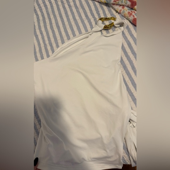 White One-Shoulder Top with Gold Accent - Picture 1 of 3